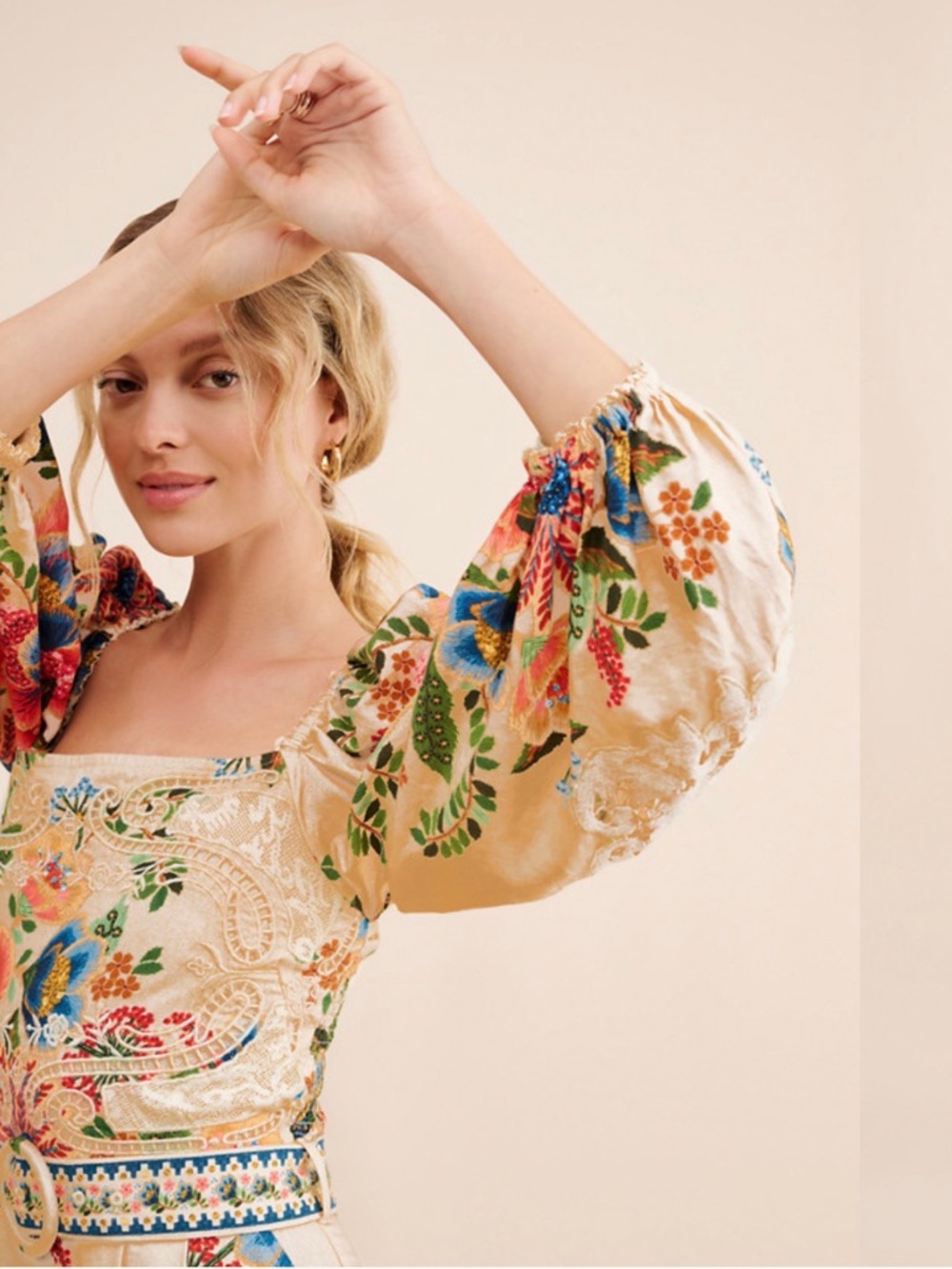 FARM Rio Cream Floral Embroidered Puff-Sleeve Romper - Picture 4 of 4
